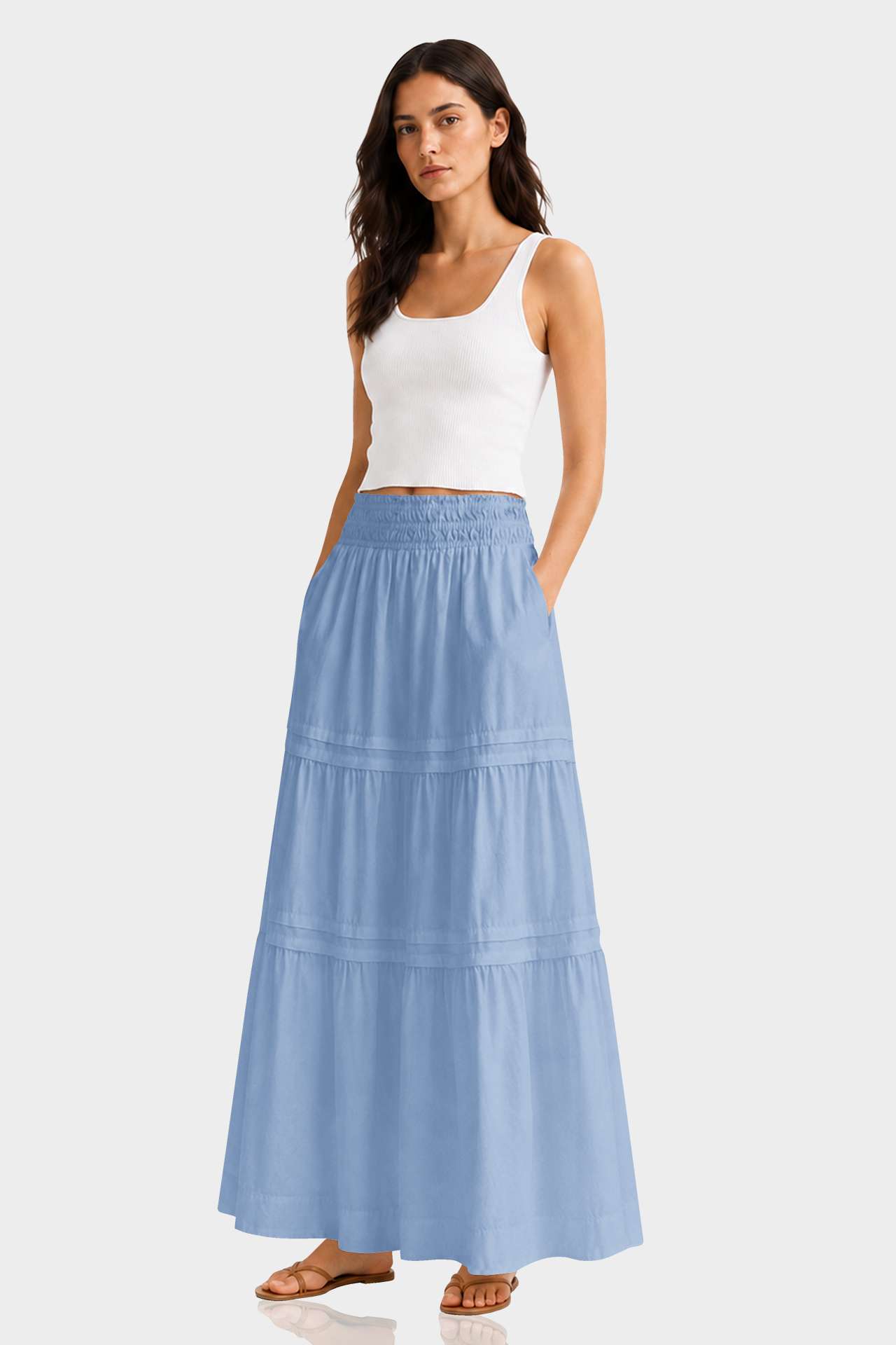 Powder Blue Smocked Waist Maxi Skirt – Tiered Cotton Skirt