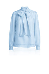 Powder Blue Bow Tie-Neck Sheer Organza Shirt