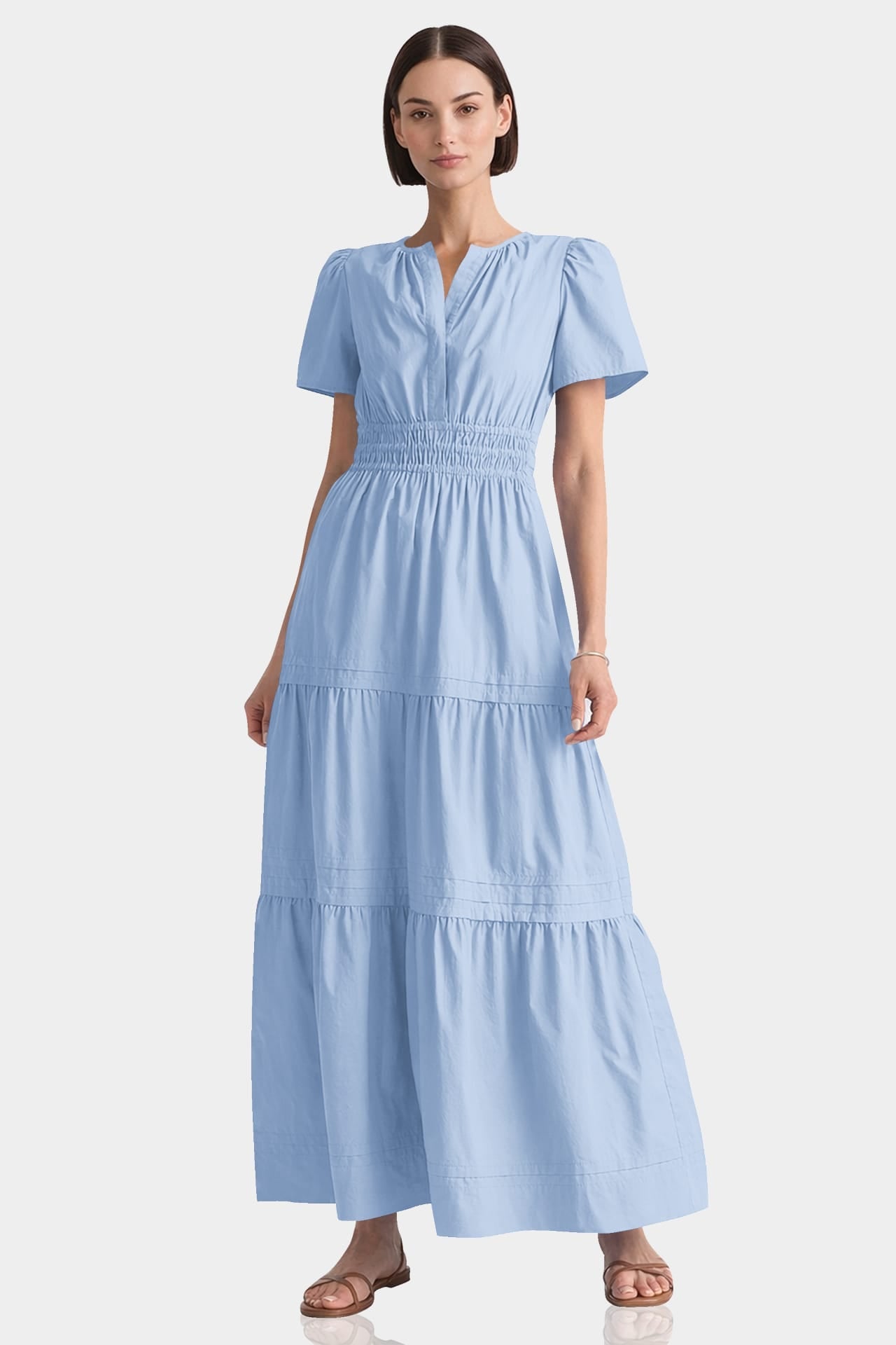 Tiered Breathable Cotton Maxi Dress With Smocked Waist – Powder Blue Relaxed Fit Cotton Dress