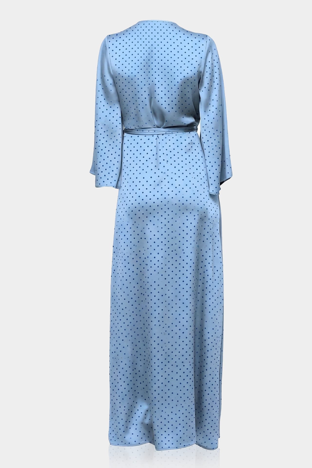 Powder Blue Polka Dot Satin V-Neck Wrap Maxi Dress with High Slit- Maternity Friendly Dress