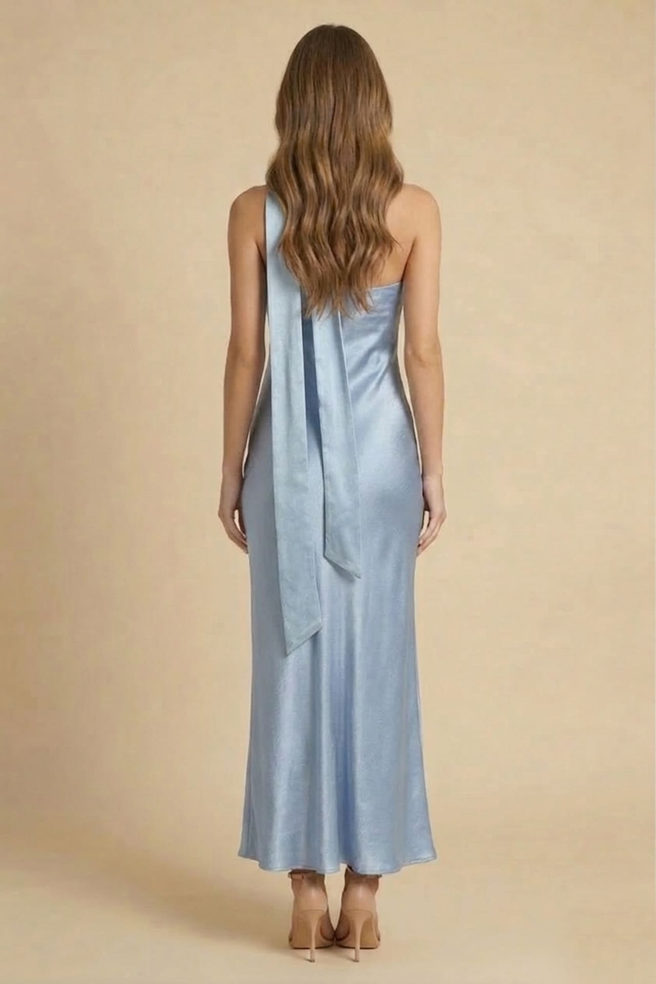 Powder Blue Satin Strapless Midi Dress for Wedding Guest