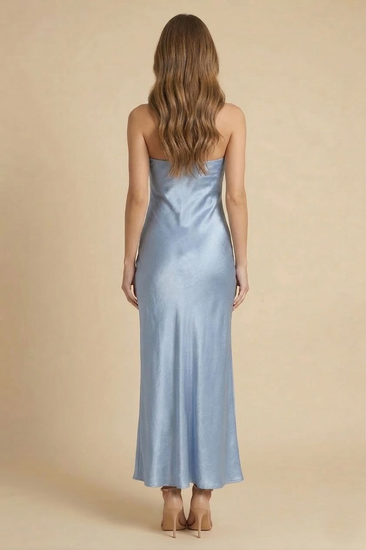 Powder Blue Satin Strapless Midi Dress for Wedding Guest
