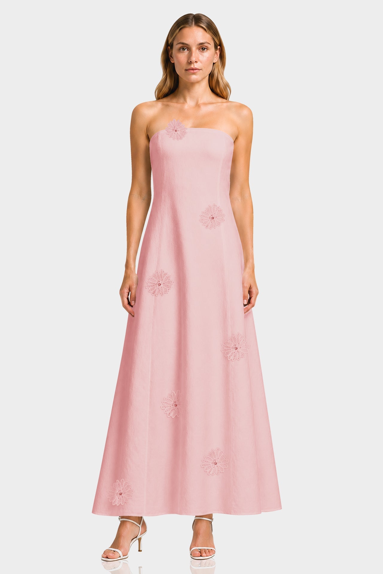 Blush Pink Strapless Maxi Dress with 3D Floral Appliqué