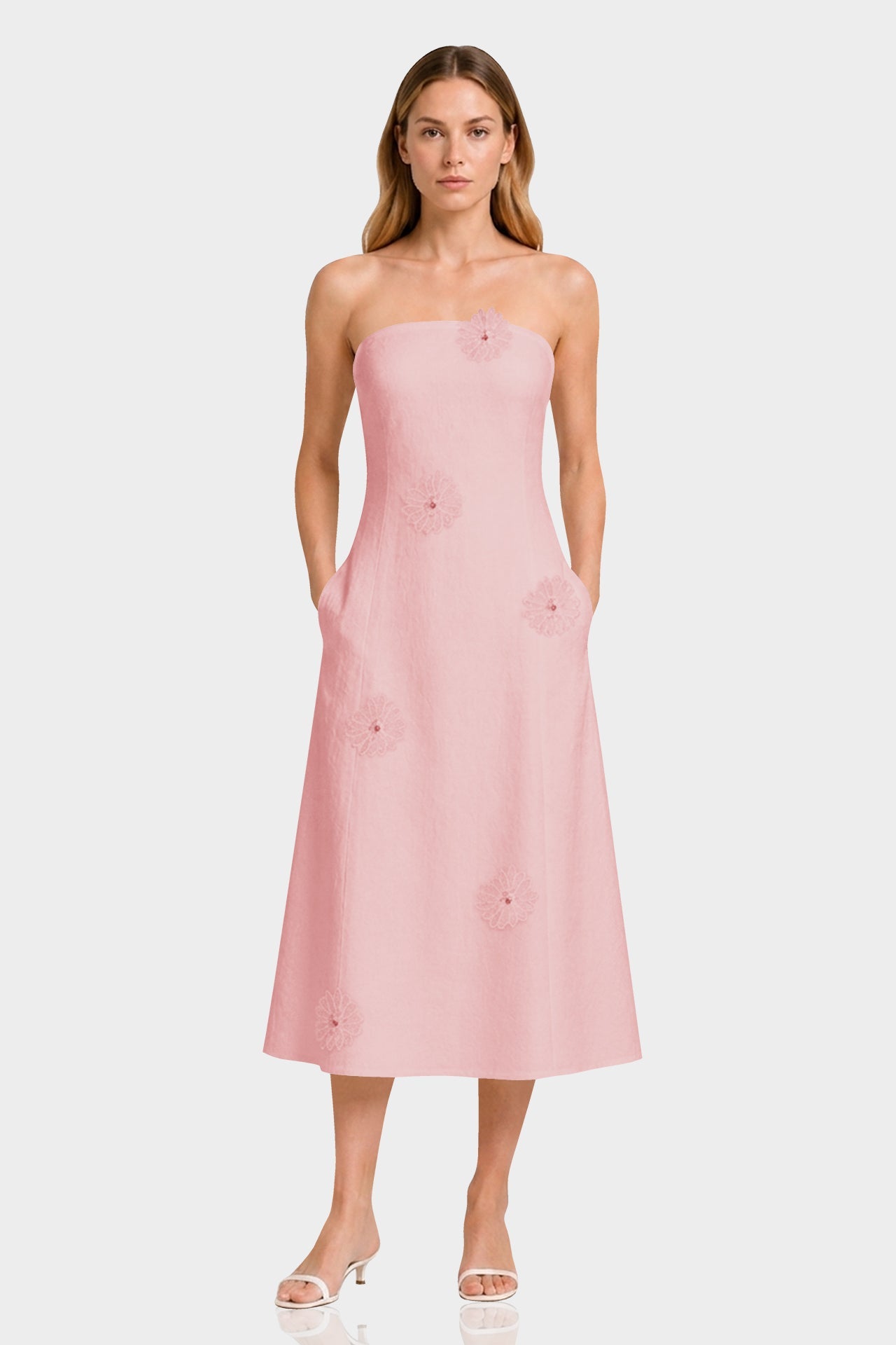 Blush Pink Strapless Cotton Midi Dress with 3D Floral Appliqué