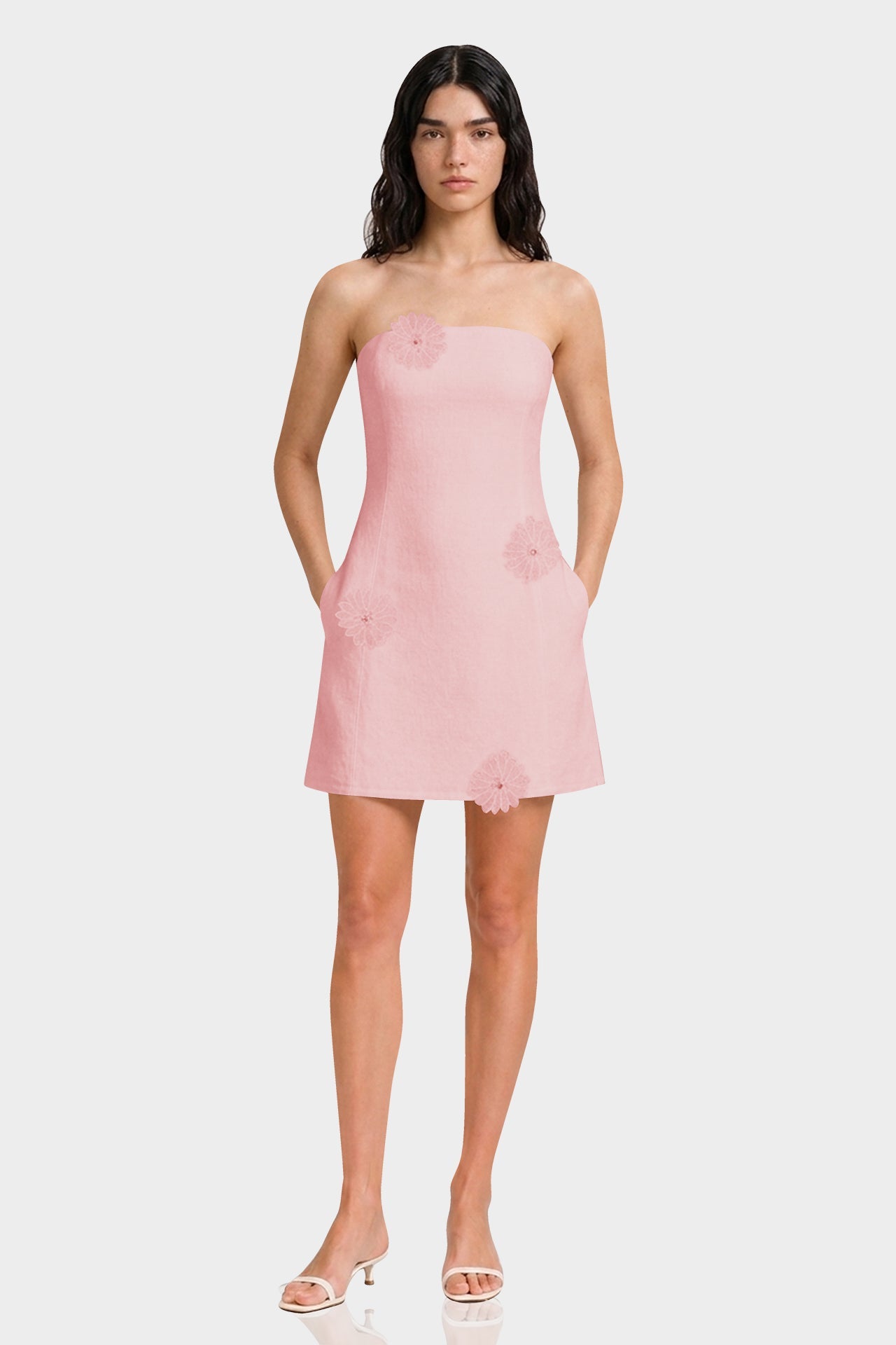 Blush Pink Strapless Cotton Mini Dress with Handcrafted Floral Appliqué