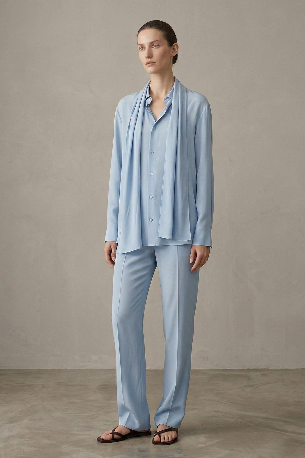 Scarf-Detailed Silk-Georgette Shirt in Powder Blue