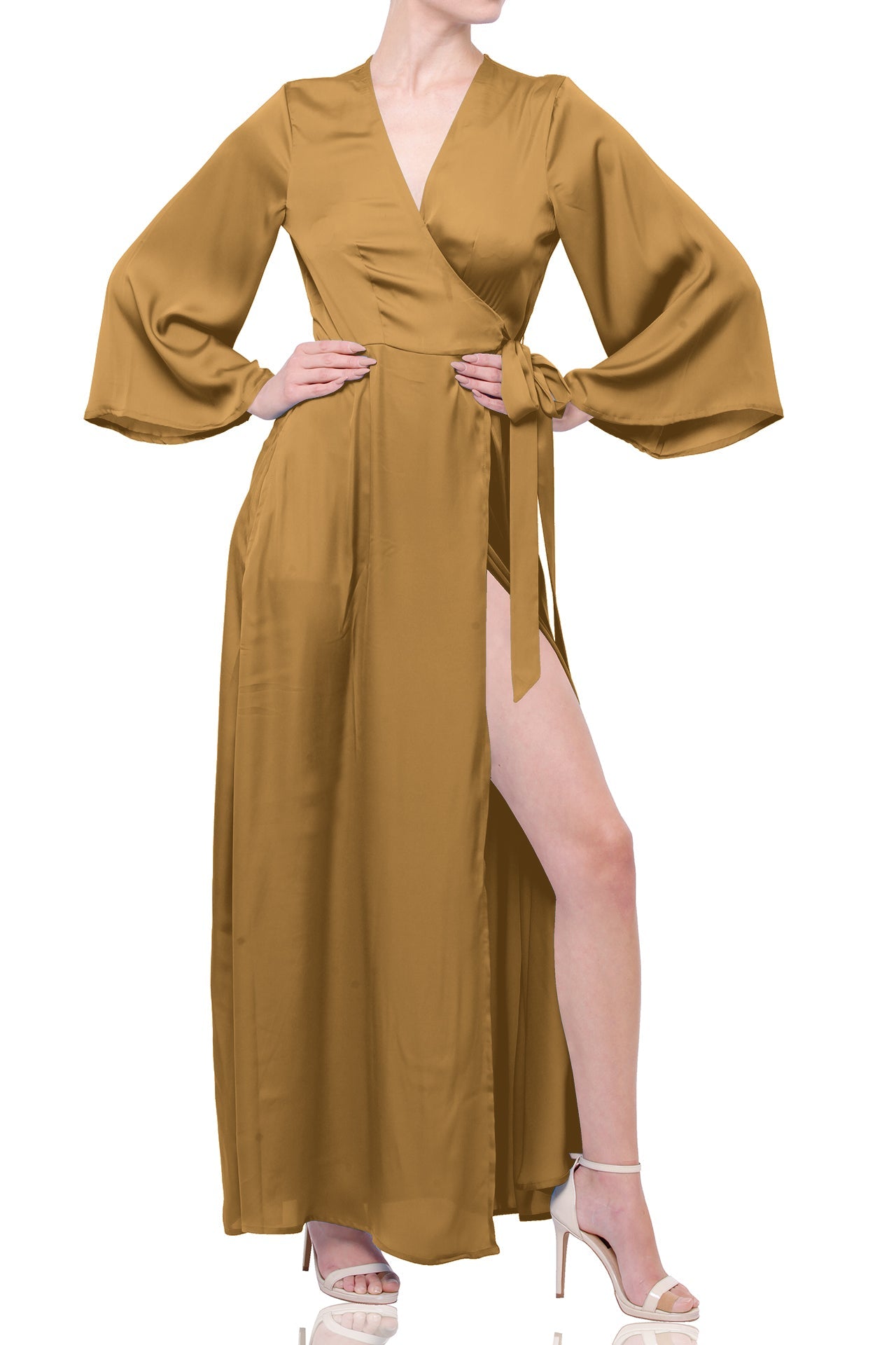 Champagne Beige Satin Wrap Maxi Bridesmaid Dress – Long Sleeve Wedding Gown
