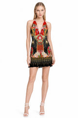 Animal print red convertible mini dress with plunge criss-cross neckline
