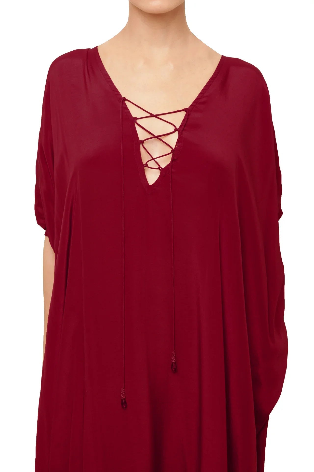 Burgundy Viscose Silk Convertible Maxi Kaftan Dress for Plus size women