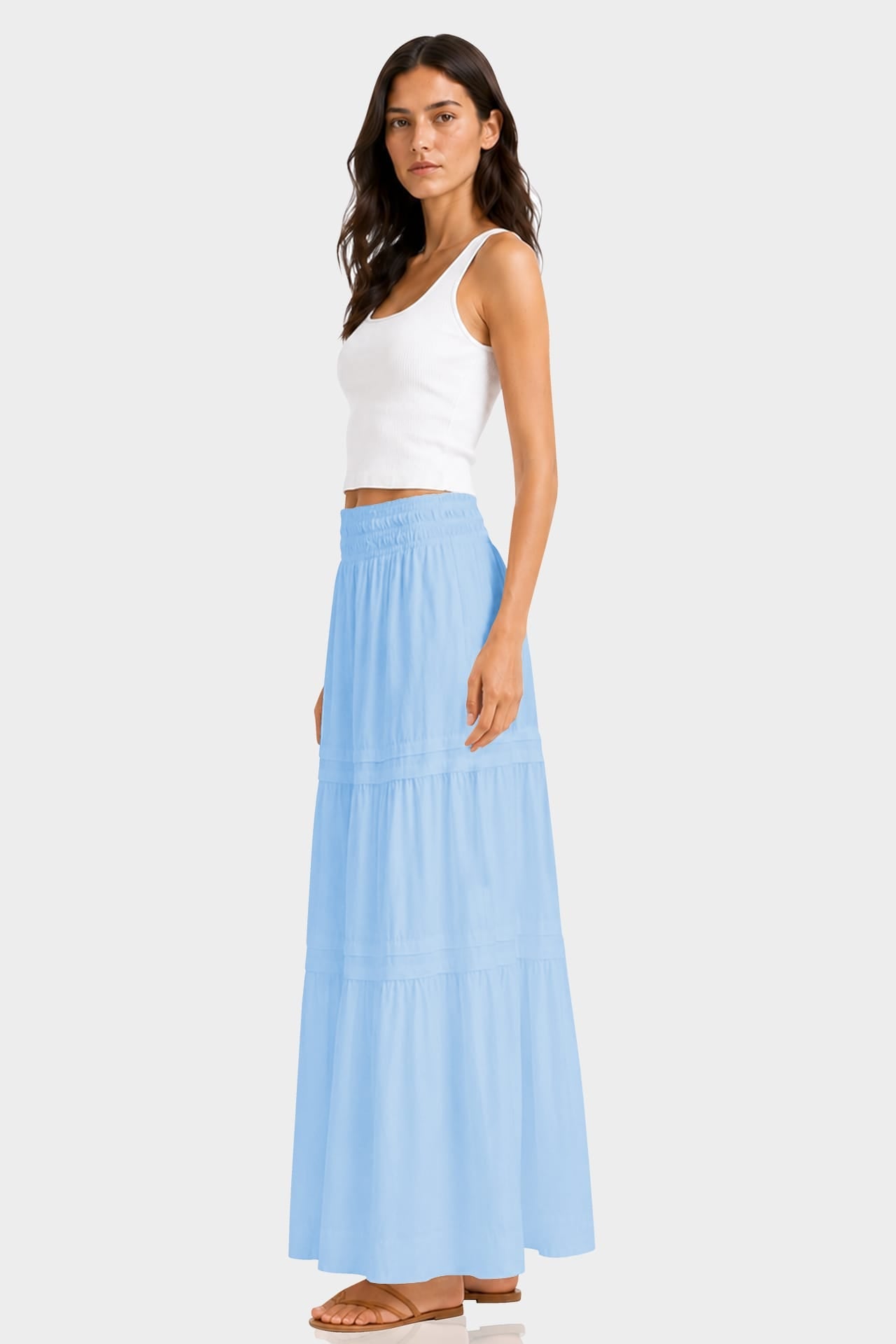 Sky Blue Luxury Cotton Tiered Maxi Skirt