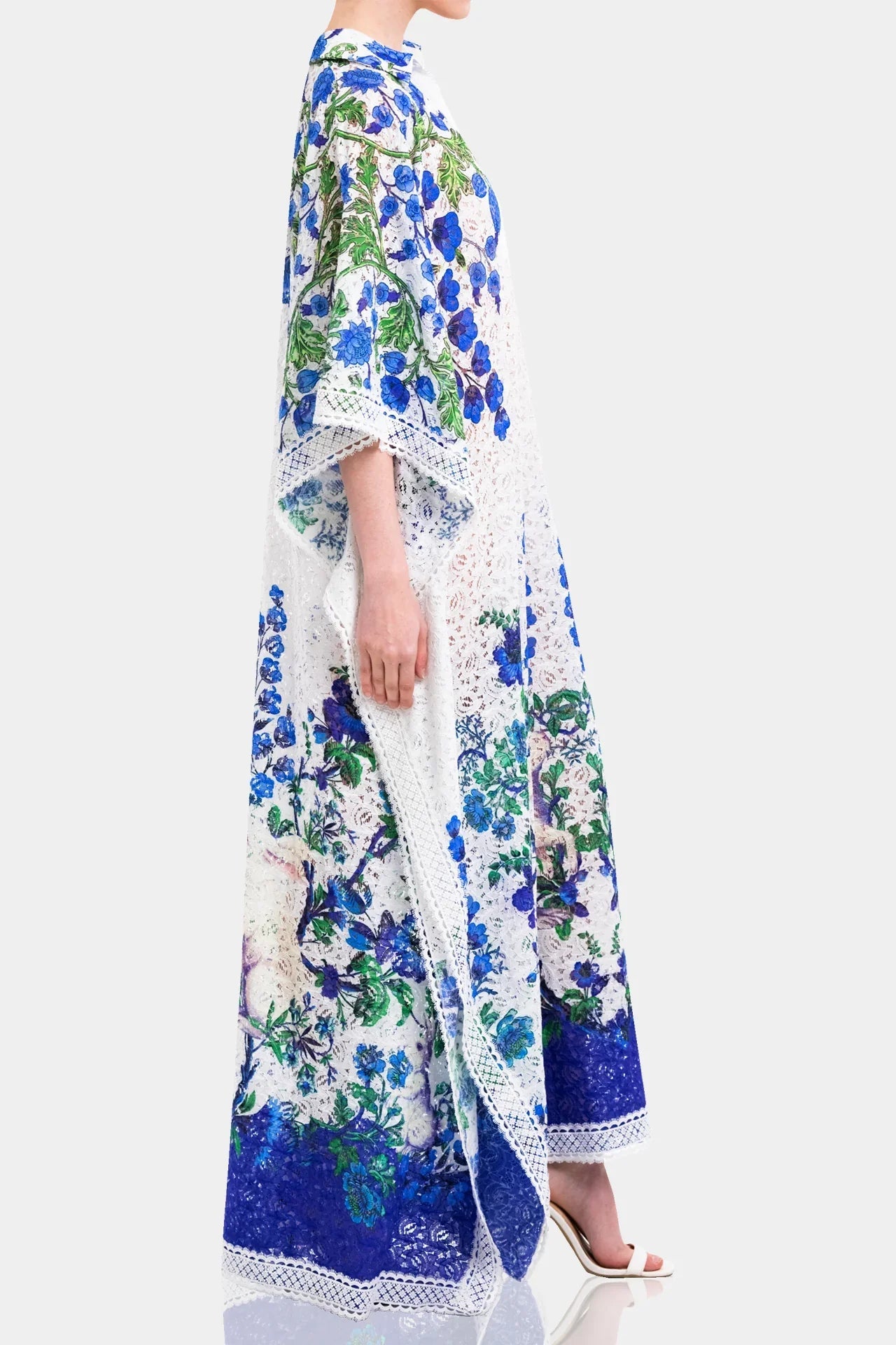 White Lace Kaftan Maxi Dress with Blue floral Print