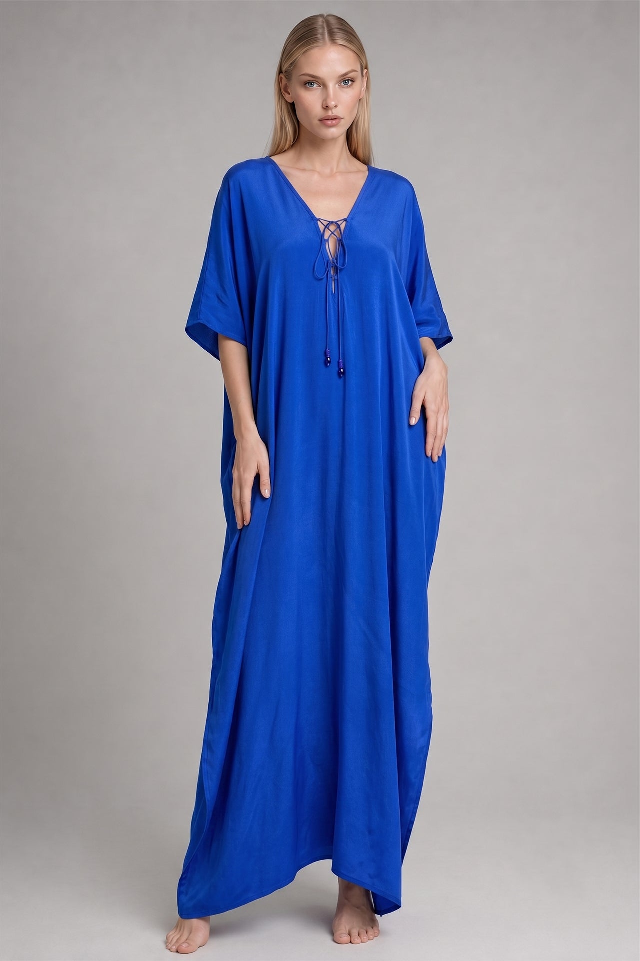 Cobalt Blue Lace-Up V-Neck Kaftan Maxi Dress