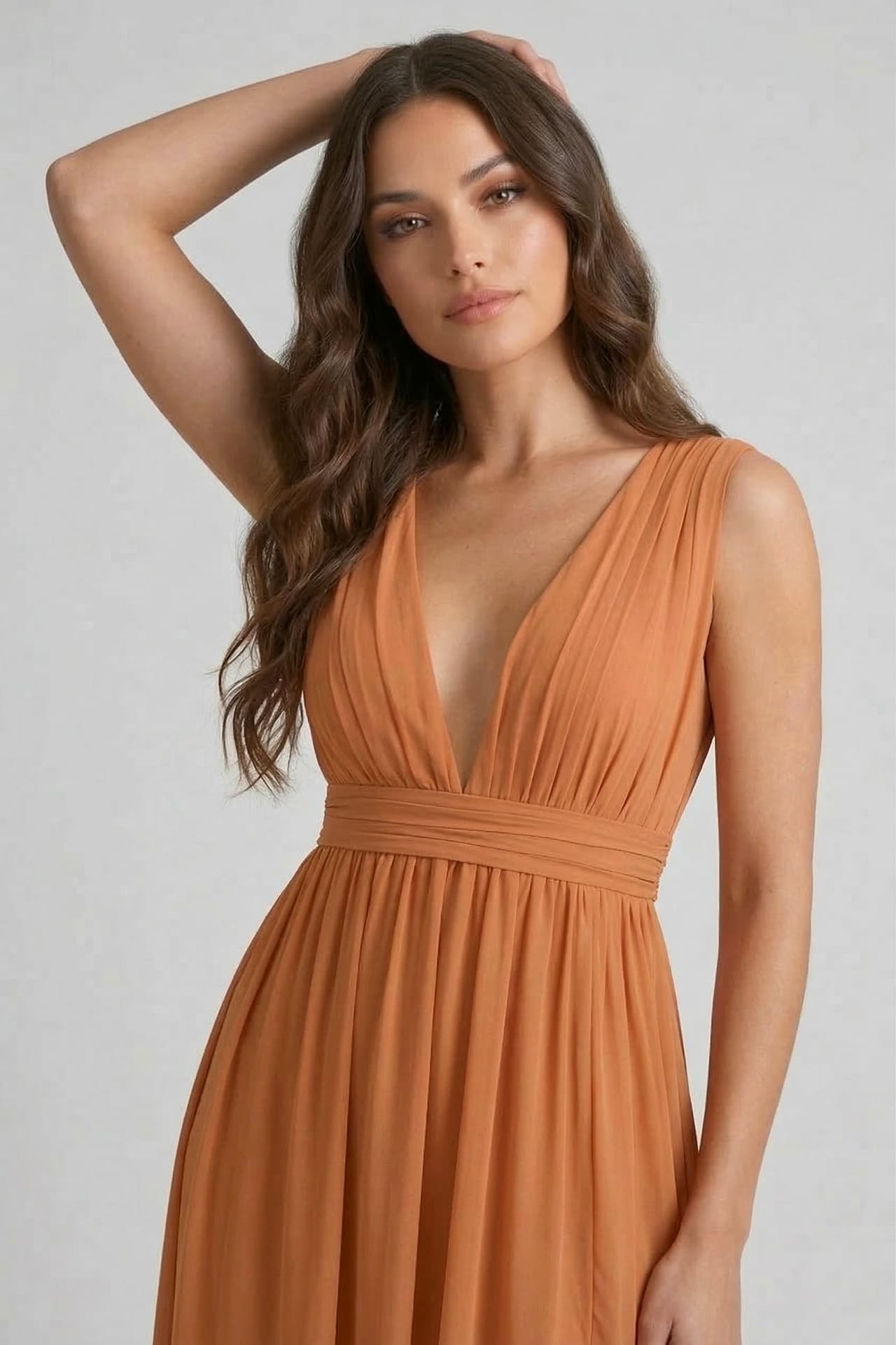 Cinnamon Heaven V-Neck Bridesmaid Dress – Warm Rustic Maxi Gown