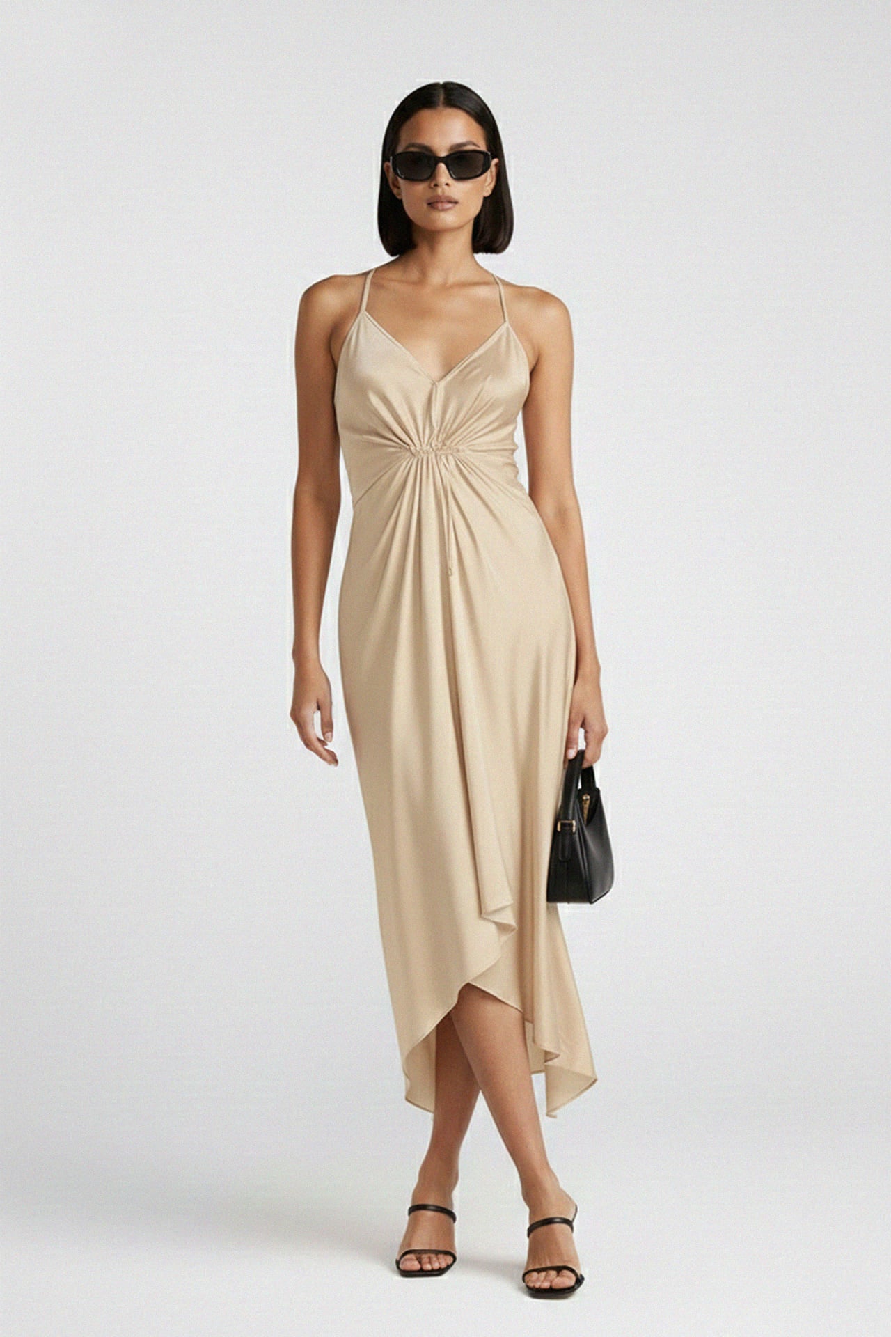 Champaign Spaghetti Strap Midi Scarf Dress
