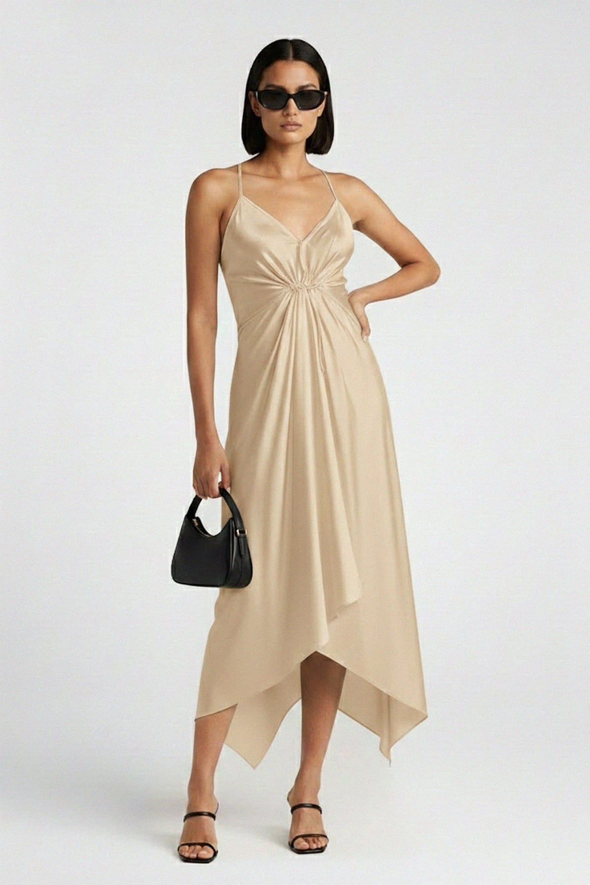 Champaign Spaghetti Strap Midi Scarf Dress