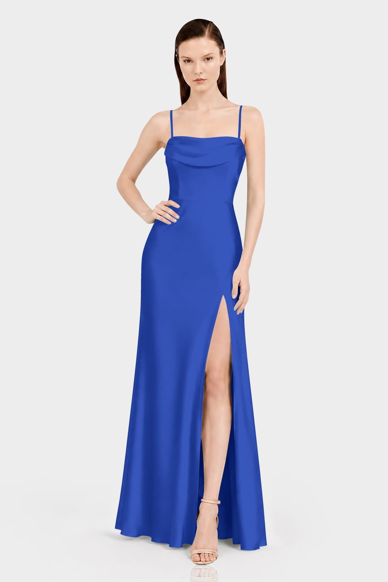 Elegant Sapphire Blue Bridesmaid Dress in Matte Satin with Side Slit