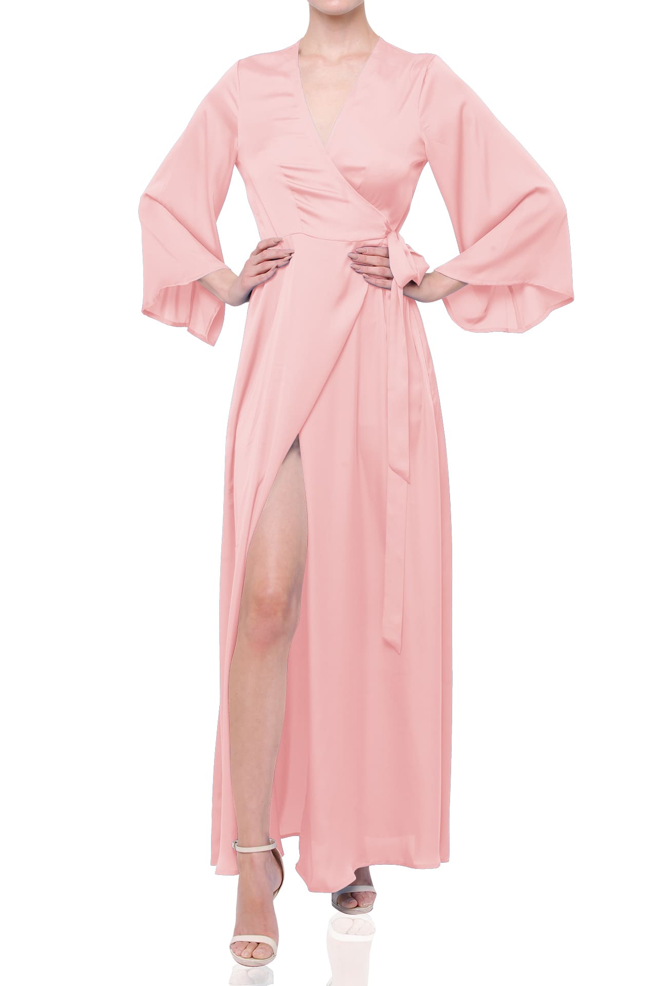 Blush Pink Satin Wrap Bridesmaid Maxi Dress with Slit – Long Sleeve