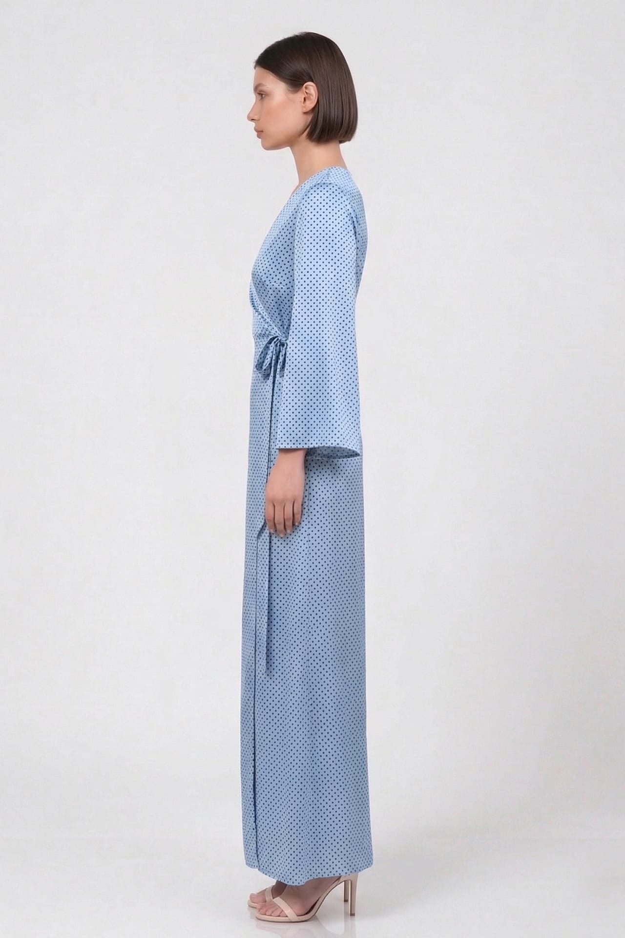 Powder Blue Polka Dot Satin V-Neck Wrap Maxi Dress with High Slit- Maternity Friendly Dress