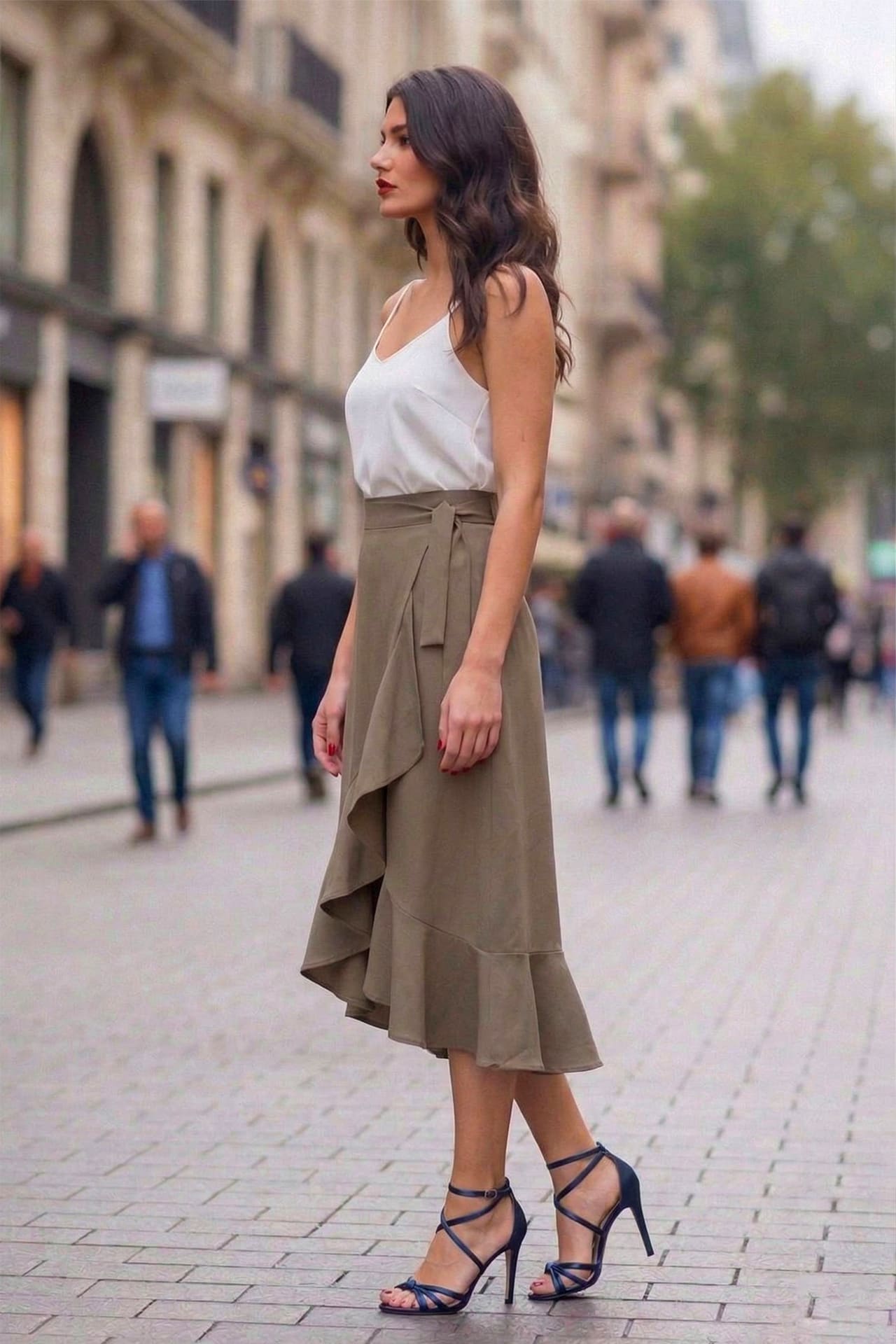 Dark Taupe High Waist Satin Wrap Skirt – Elegant Midi Ruffle Skirt