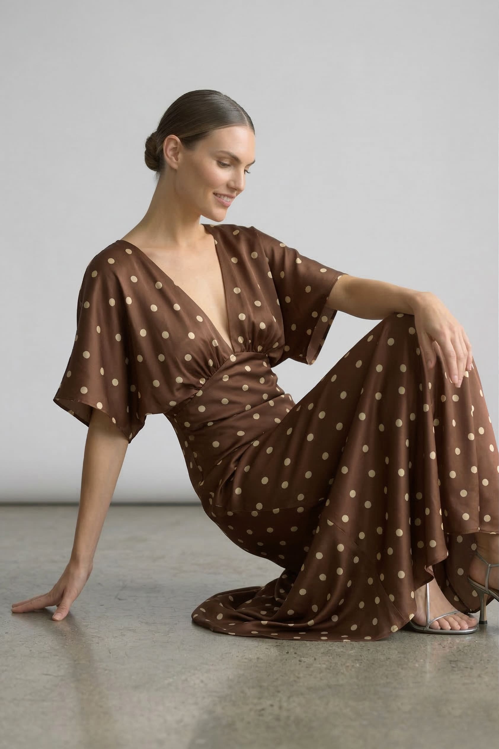 Brown Polka Dot Deep-V Flutter-Sleeve Satin A-Line Wedding Guest Dress