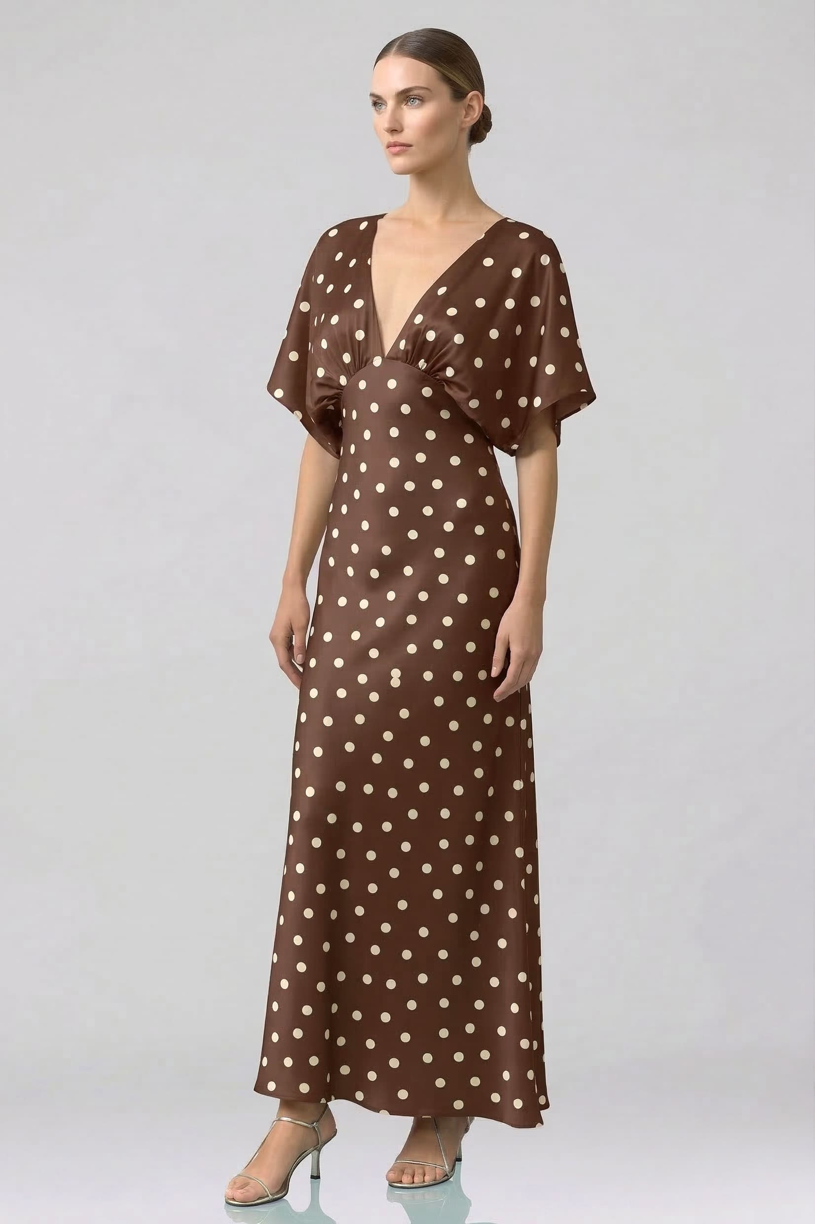 Brown Polka Dot Deep-V Flutter-Sleeve Satin A-Line Wedding Guest Dress