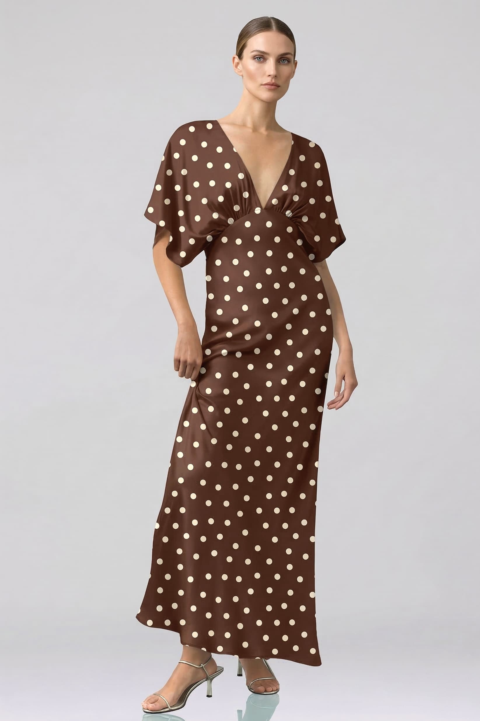 Brown Polka Dot Deep-V Flutter-Sleeve Satin A-Line Wedding Guest Dress