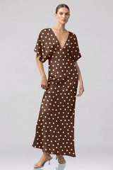 Brown Polka Dot Deep-V Flutter-Sleeve Satin A-Line Wedding Guest Dress