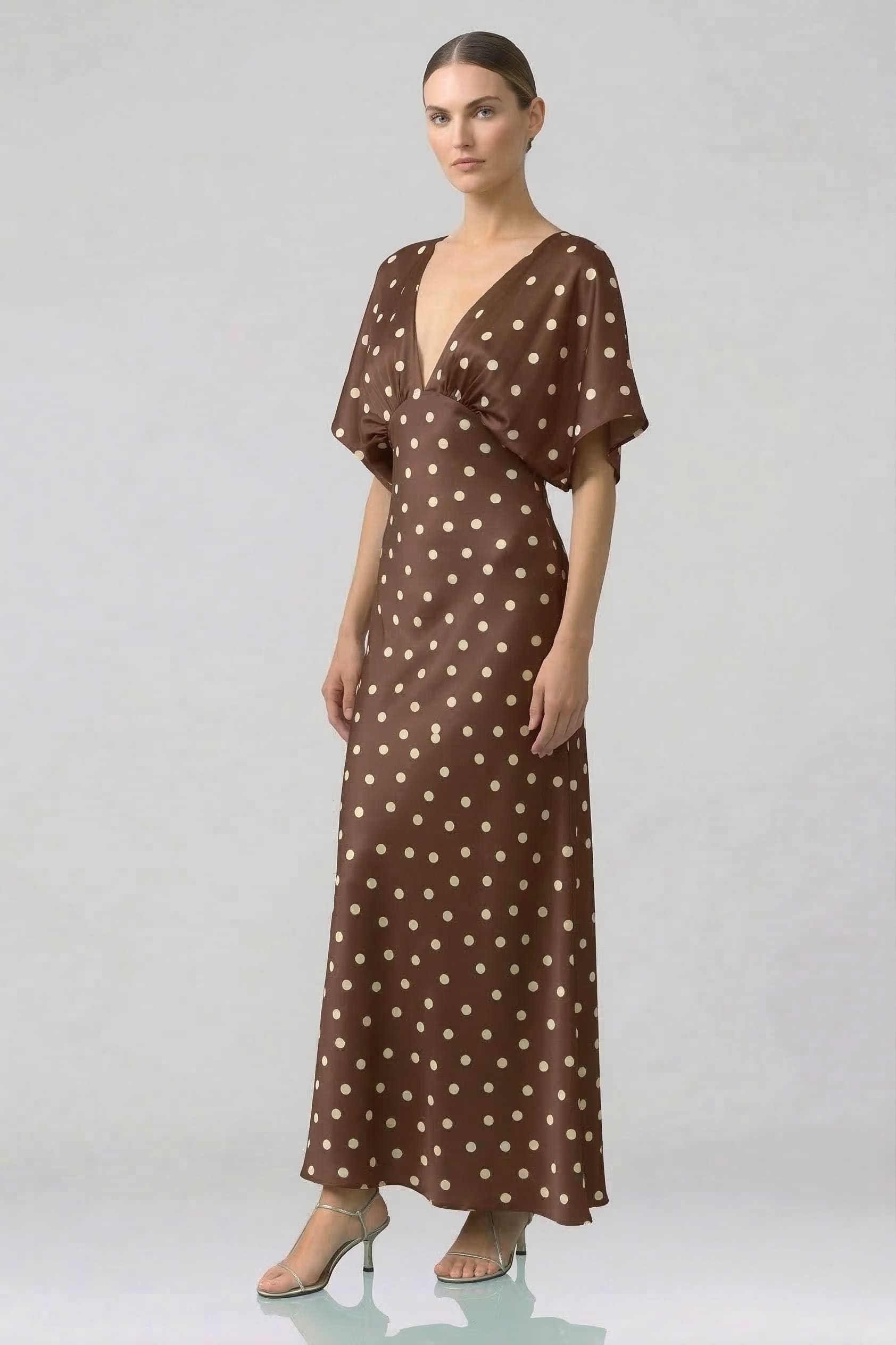 Brown Polka Dot Deep-V Flutter-Sleeve Satin A-Line Wedding Guest Dress