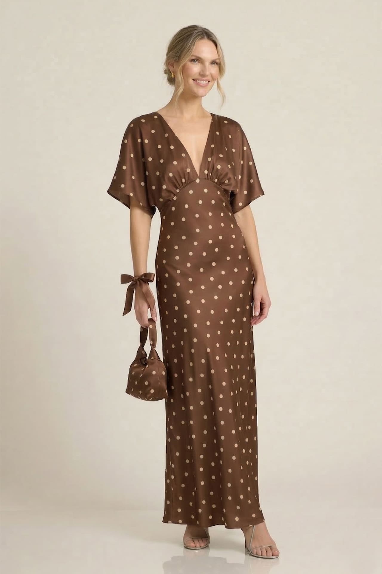 Brown Polka Dot Deep-V Flutter-Sleeve Satin A-Line Wedding Guest Dress