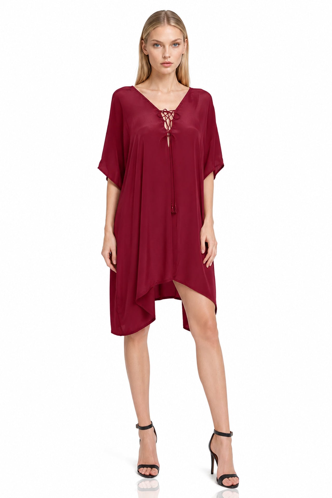 Burgundy Lace-Up Short Kaftan Dress