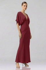 Burgundy Shasi Deep-V Flutter-Sleeve Satin A-Line Gown- Bridesmaid Dress