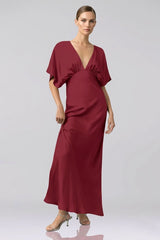 Burgundy Shasi Deep-V Flutter-Sleeve Satin A-Line Gown- Bridesmaid Dress