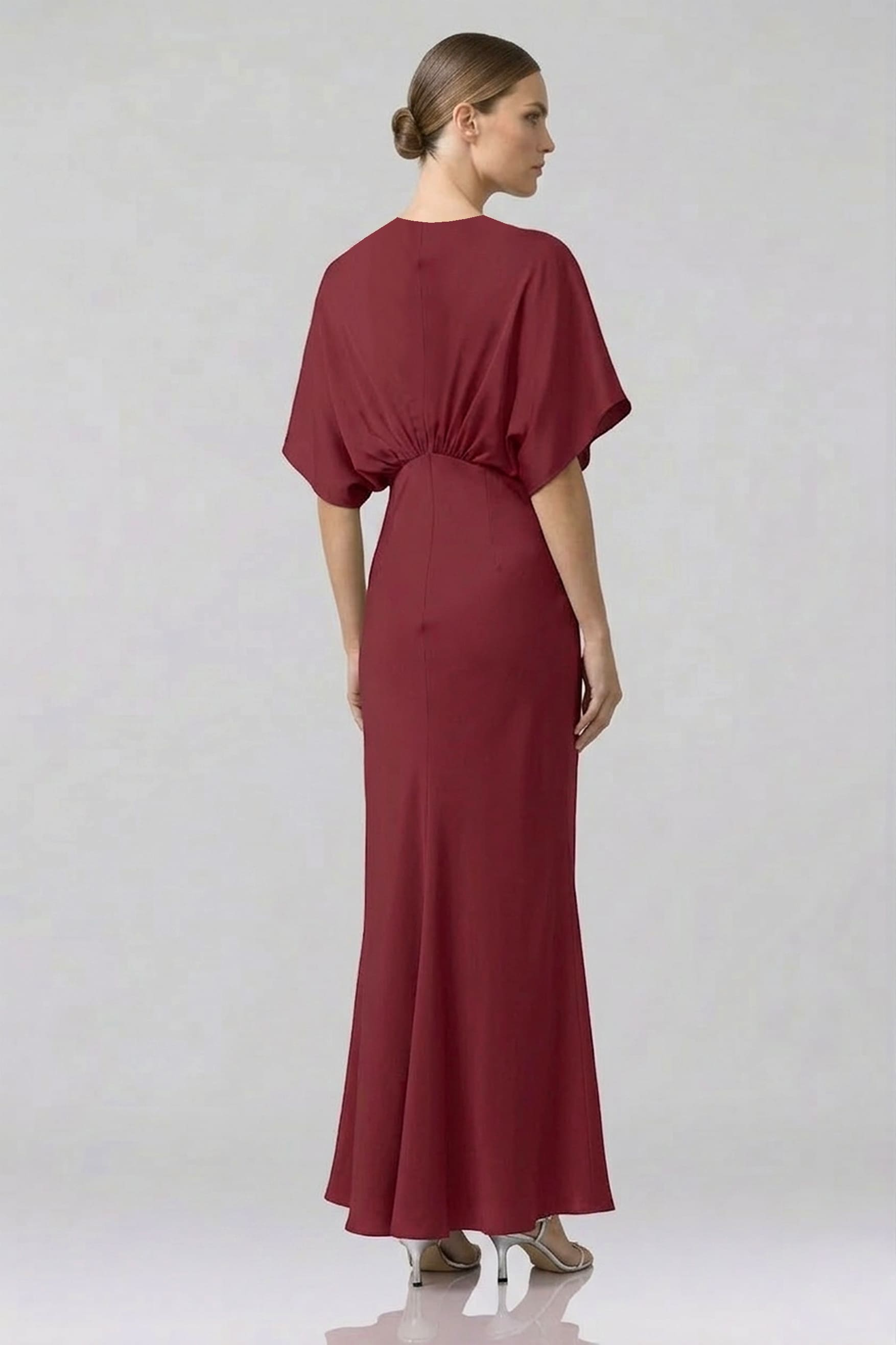 Burgundy Shasi Deep-V Flutter-Sleeve Satin A-Line Gown- Bridesmaid Dress