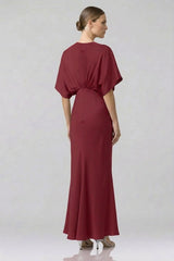 Burgundy Shasi Deep-V Flutter-Sleeve Satin A-Line Gown- Bridesmaid Dress