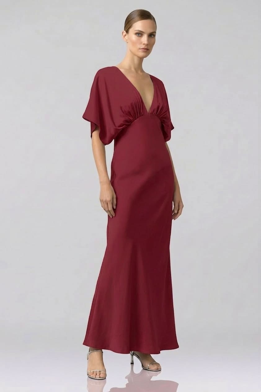 Burgundy Shasi Deep-V Flutter-Sleeve Satin A-Line Gown- Bridesmaid Dress