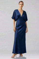 Chamelia Midnight Navy Deep-V Flutter-Sleeve Satin A-Line Bridesmaid Gown