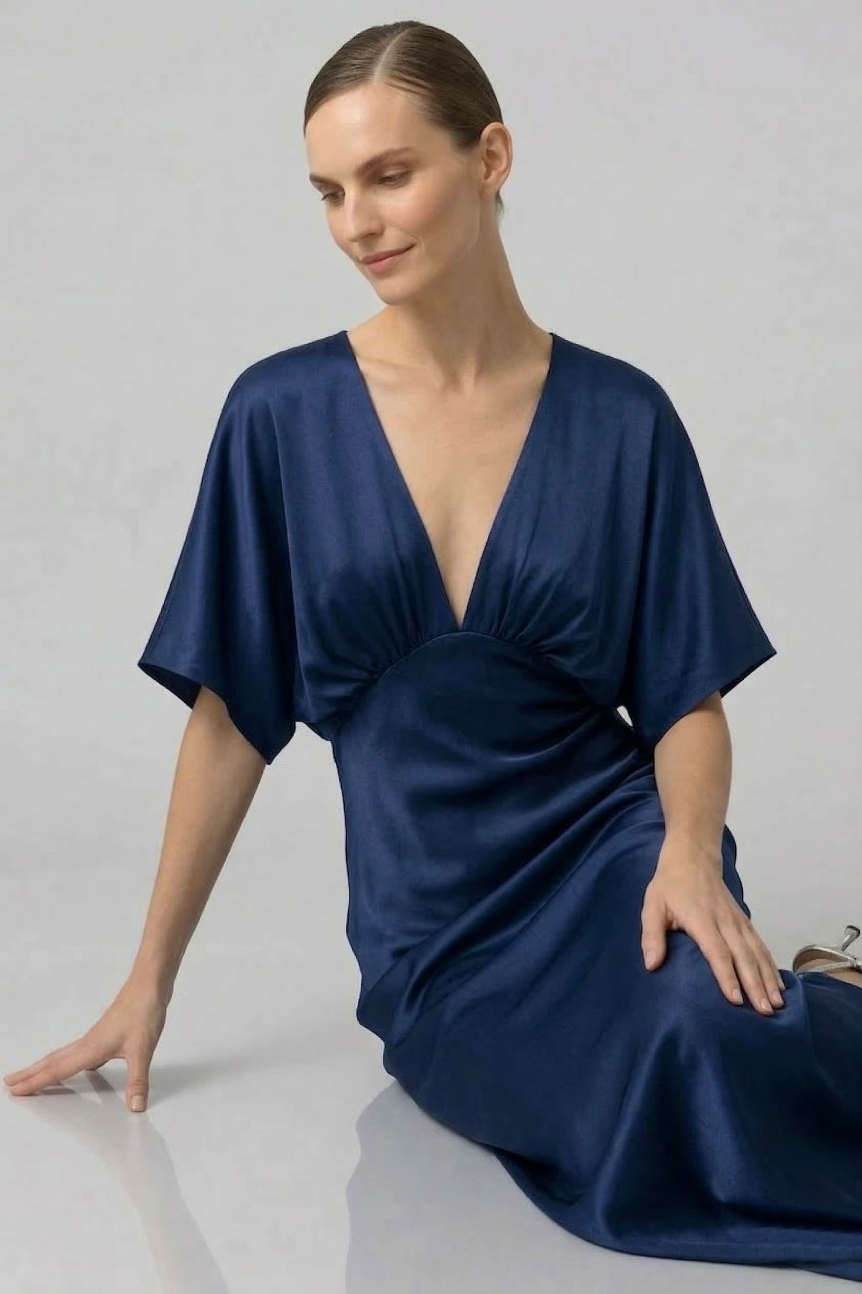 Chamelia Midnight Navy Deep-V Flutter-Sleeve Satin A-Line Bridesmaid Gown
