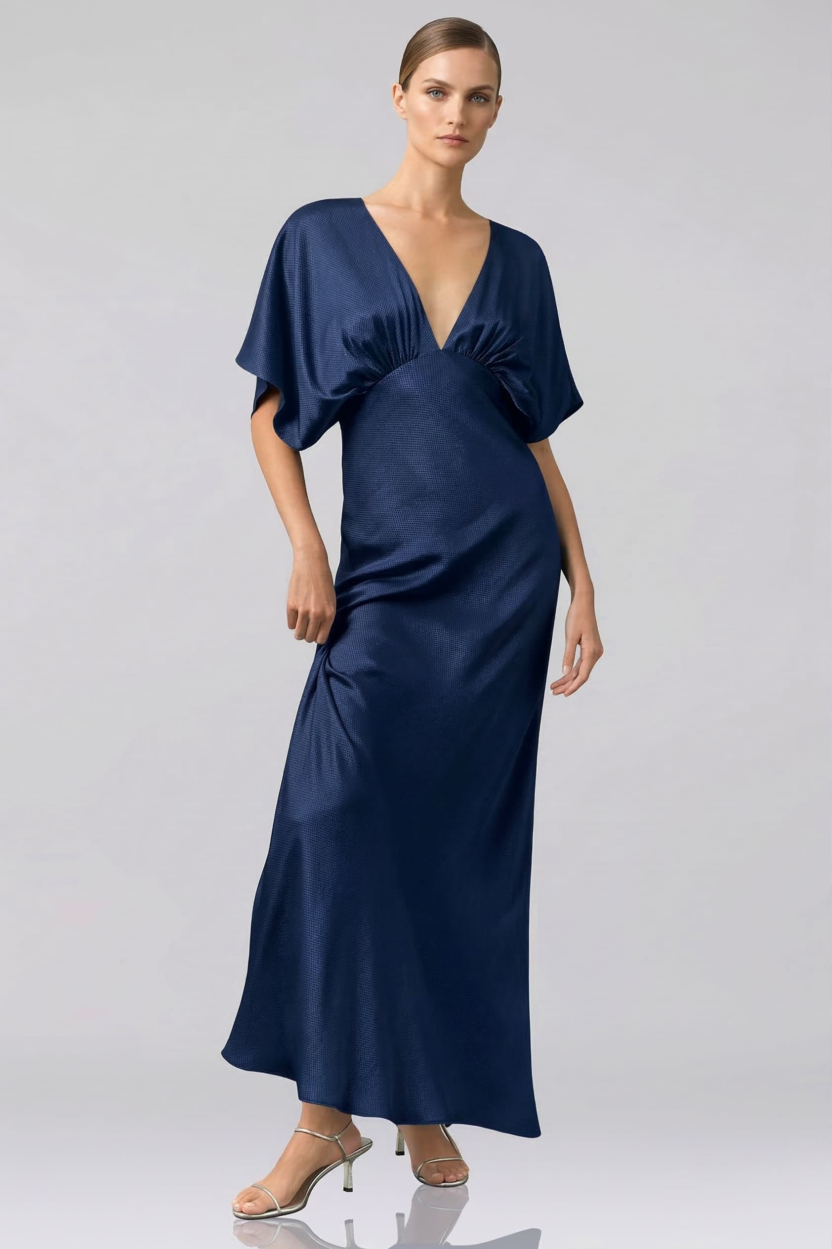Chamelia Midnight Navy Deep-V Flutter-Sleeve Satin A-Line Bridesmaid Gown