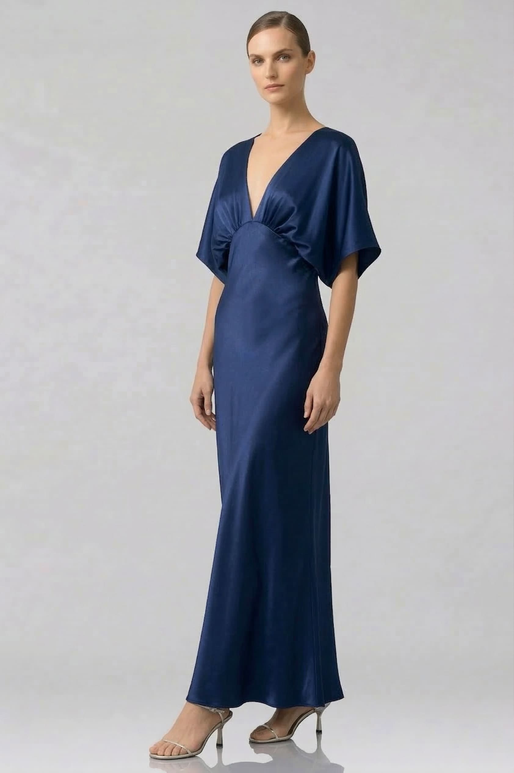 Chamelia Midnight Navy Deep-V Flutter-Sleeve Satin A-Line Bridesmaid Gown