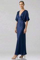 Chamelia Midnight Navy Deep-V Flutter-Sleeve Satin A-Line Bridesmaid Gown