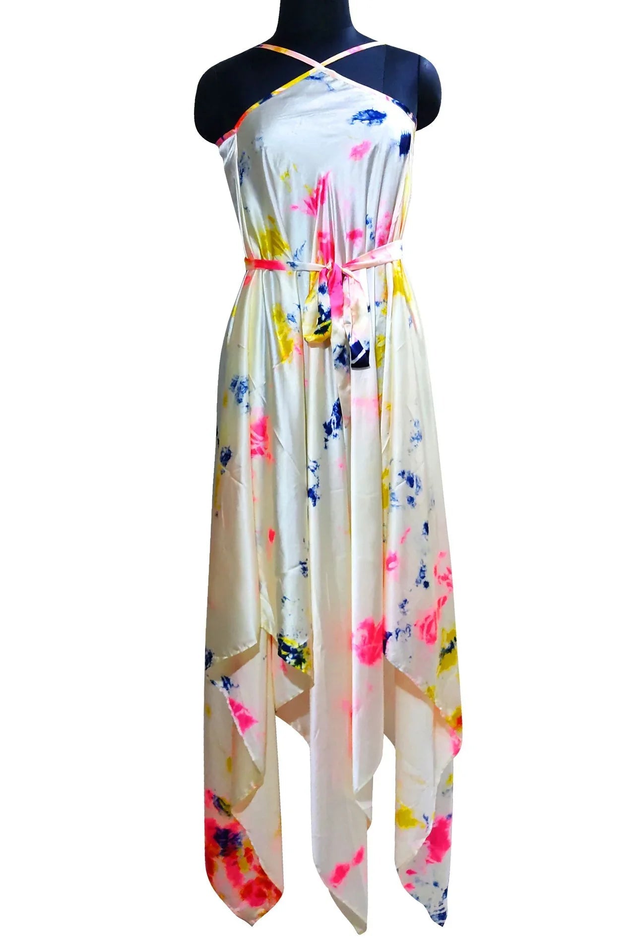 Cream Fuchsia Blue Tie Dye Maxi Handkerchief Dress