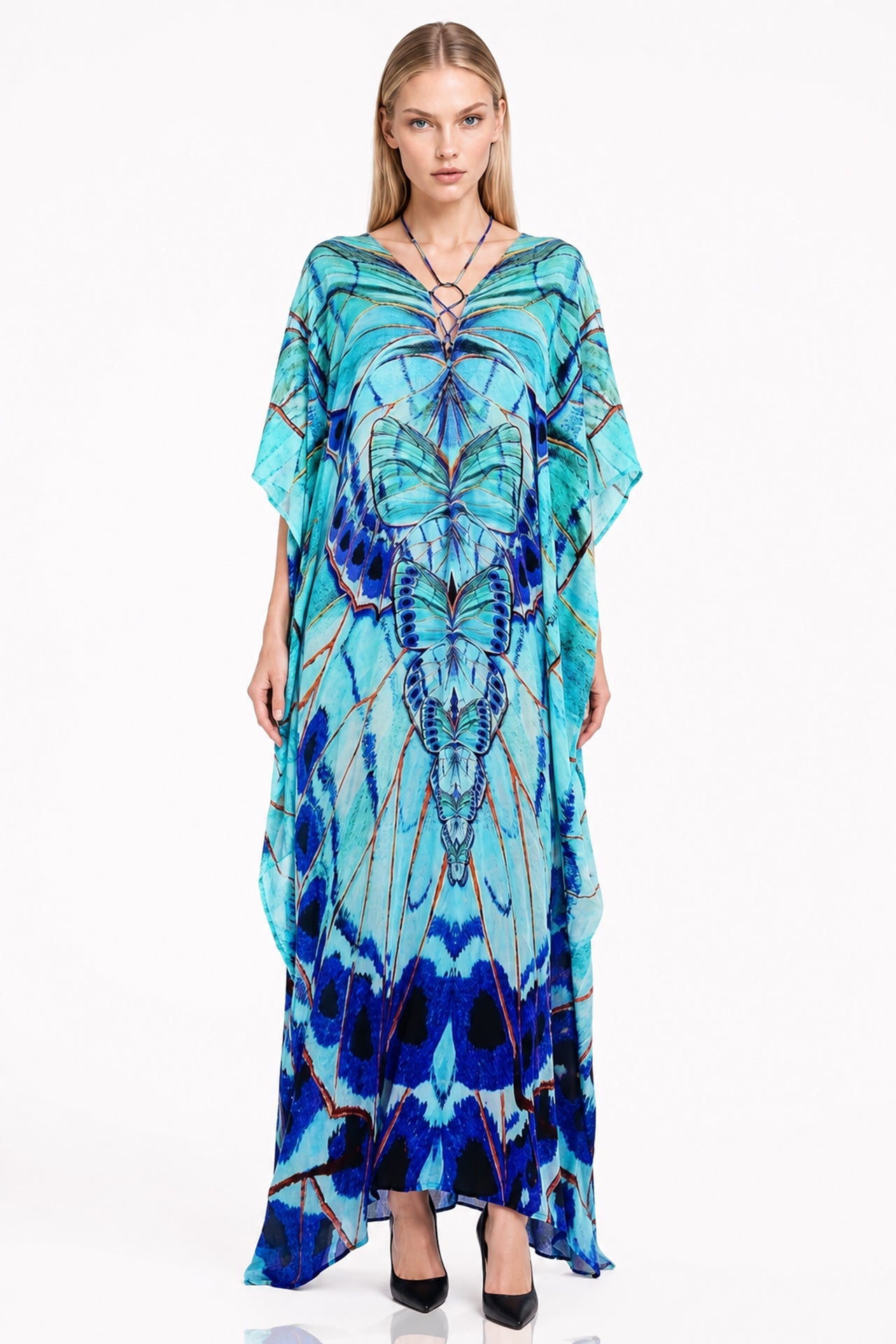 Butterfly Print Lace Up Kaftan