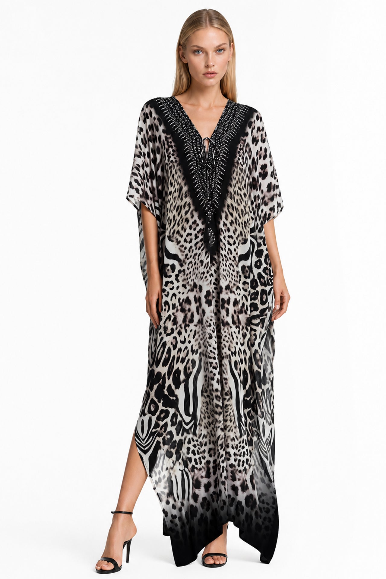 Brown Animal Print Convertible Silk Kaftan Maxi Dress