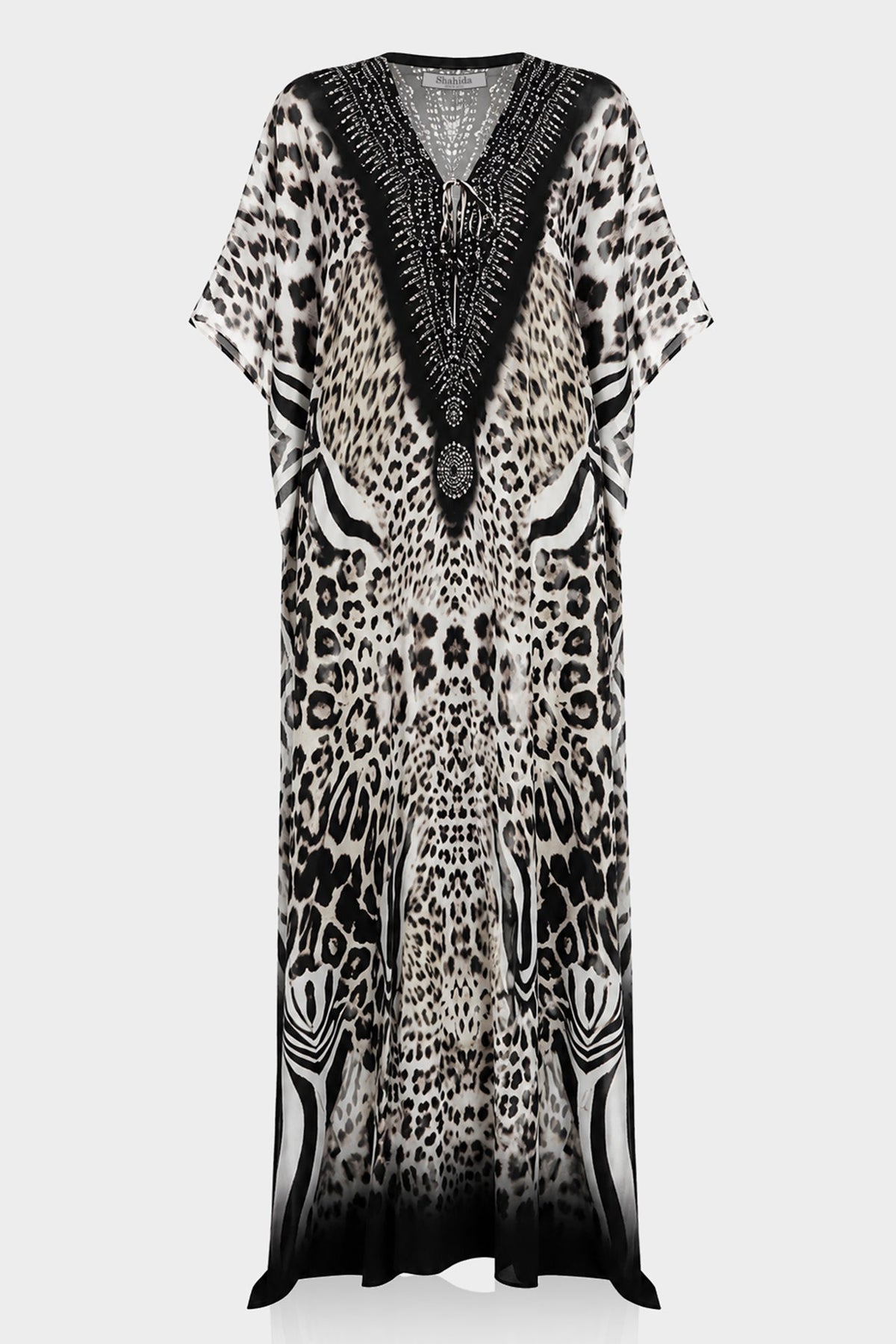 Brown Animal Print Convertible Silk Kaftan Maxi Dress