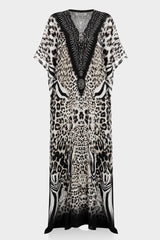 Brown Animal Print Convertible Silk Kaftan Maxi Dress