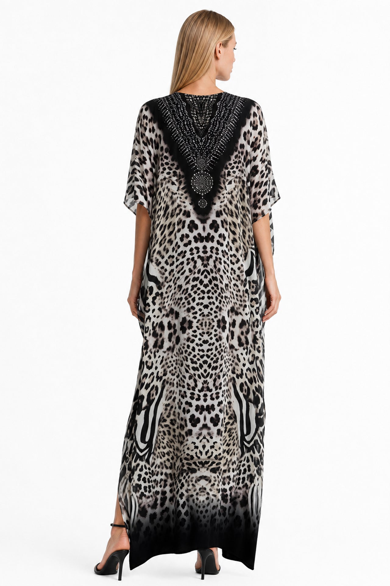 Brown Animal Print Convertible Silk Kaftan Maxi Dress