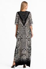 Brown Animal Print Convertible Silk Kaftan Maxi Dress