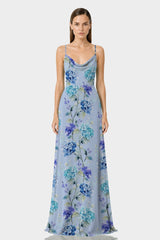 Sky Blue Floral Cowl Neck Formal Gown
