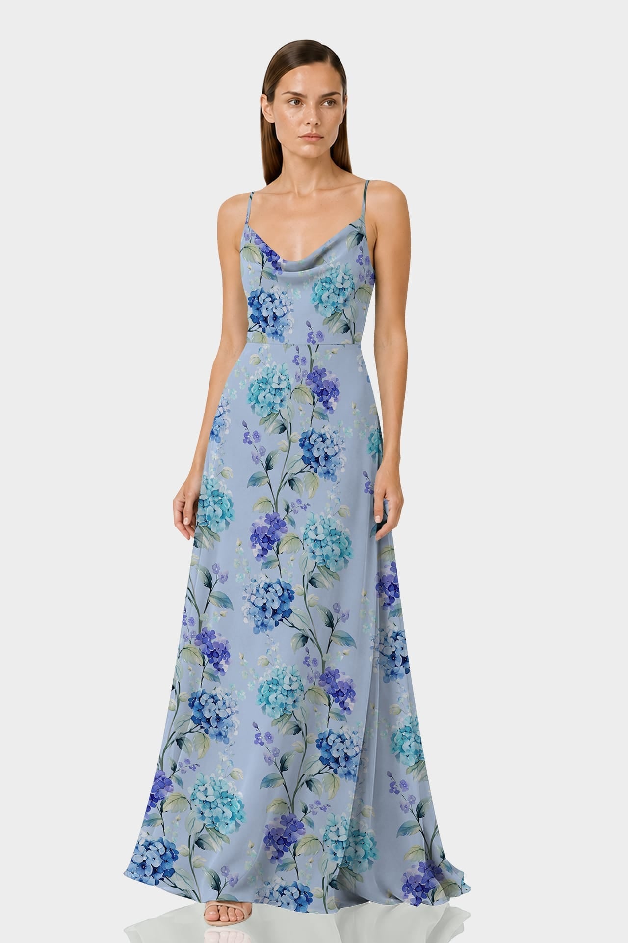 Sky Blue Floral Cowl Neck Formal Gown