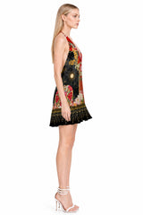 Animal print red convertible mini dress with plunge criss-cross neckline